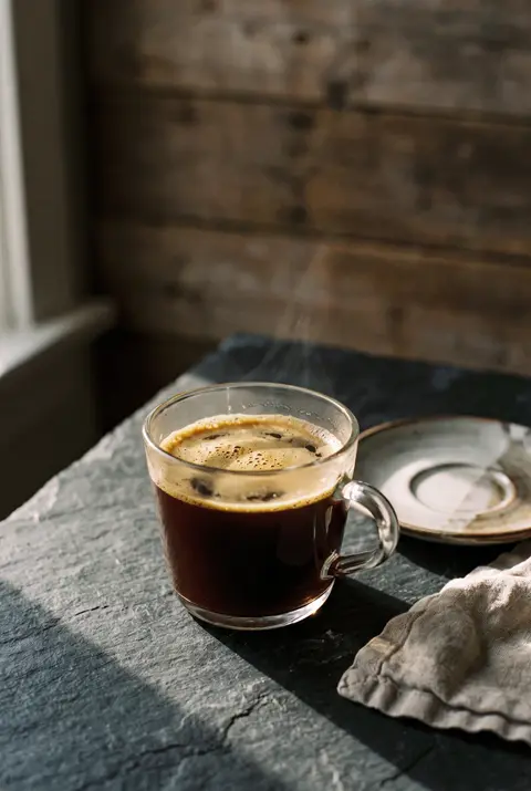 A black americano coffee in a clear glass cup