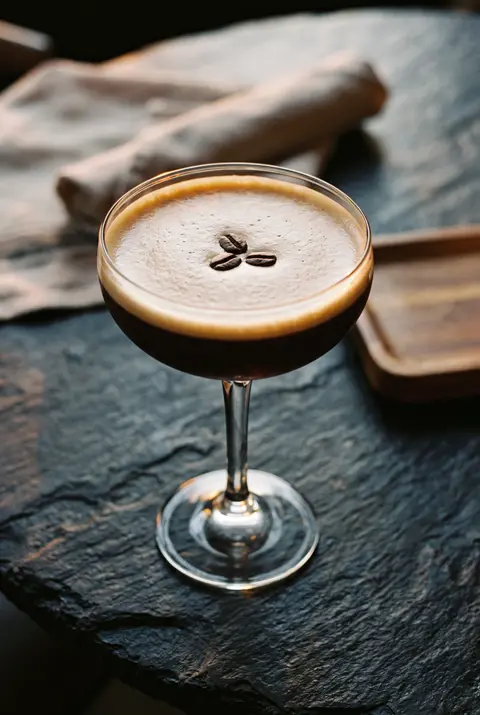 An espresso martini with a pale foam top and three coffee beans in a coupe glass