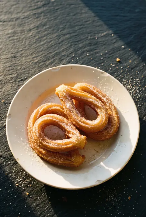 Four golden churros dusted with sugar on a white plate