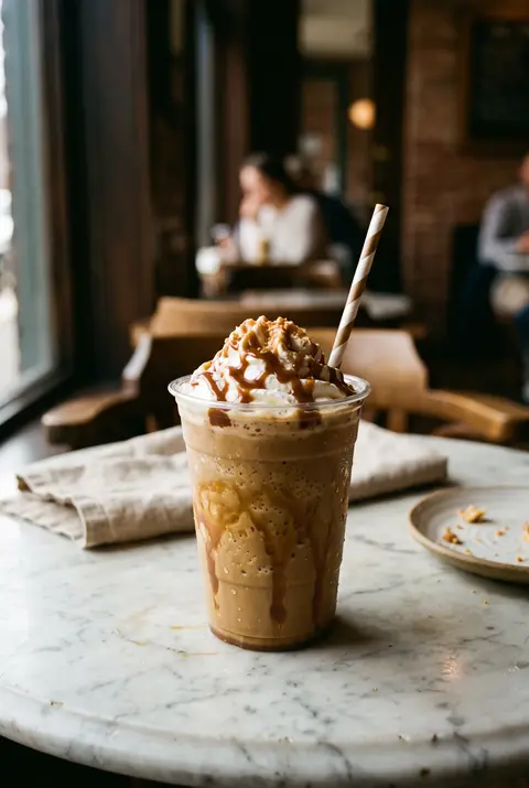 A blended iced caramel coffee topped with whipped cream and a drizzle of caramel in a clear plastic cup