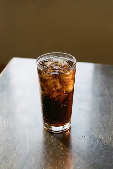 Cola with ice cubes and fine bubbles in a clear glass