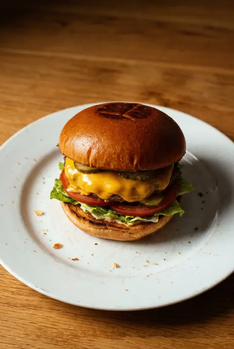 A restaurant beef burger with cheese on a white plate