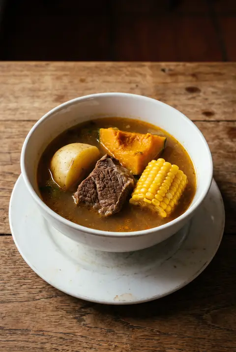 A big white porcelain bowl of cazuela with a piece of beef on a white plate