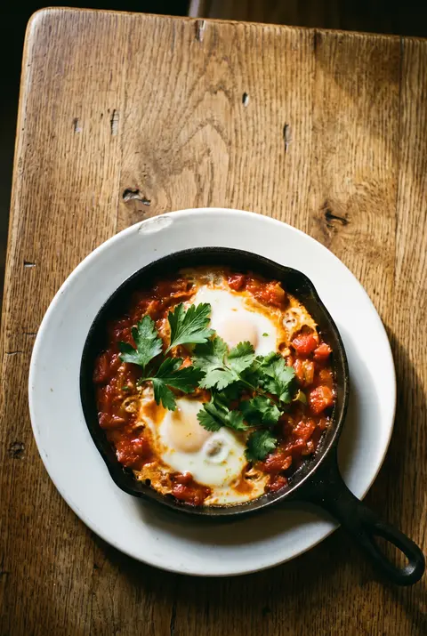 A small pan of shakshuka for one with two eggs in tomato and pepper sauce on a white plate