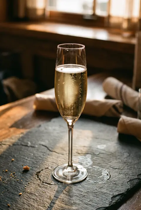 A flute of pale cava with fine rising bubbles in a champagne flute