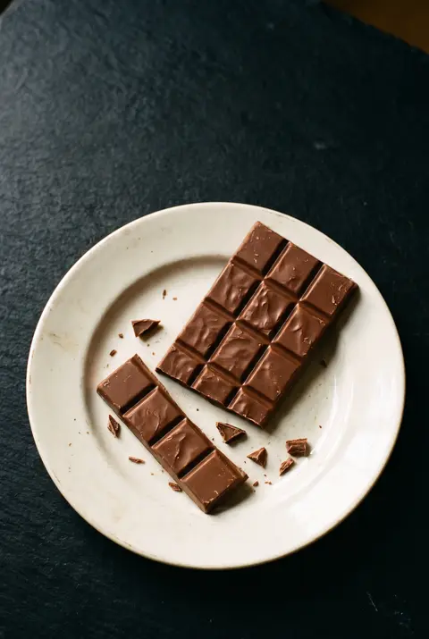 A 100 g bar of milk chocolate on a white plate