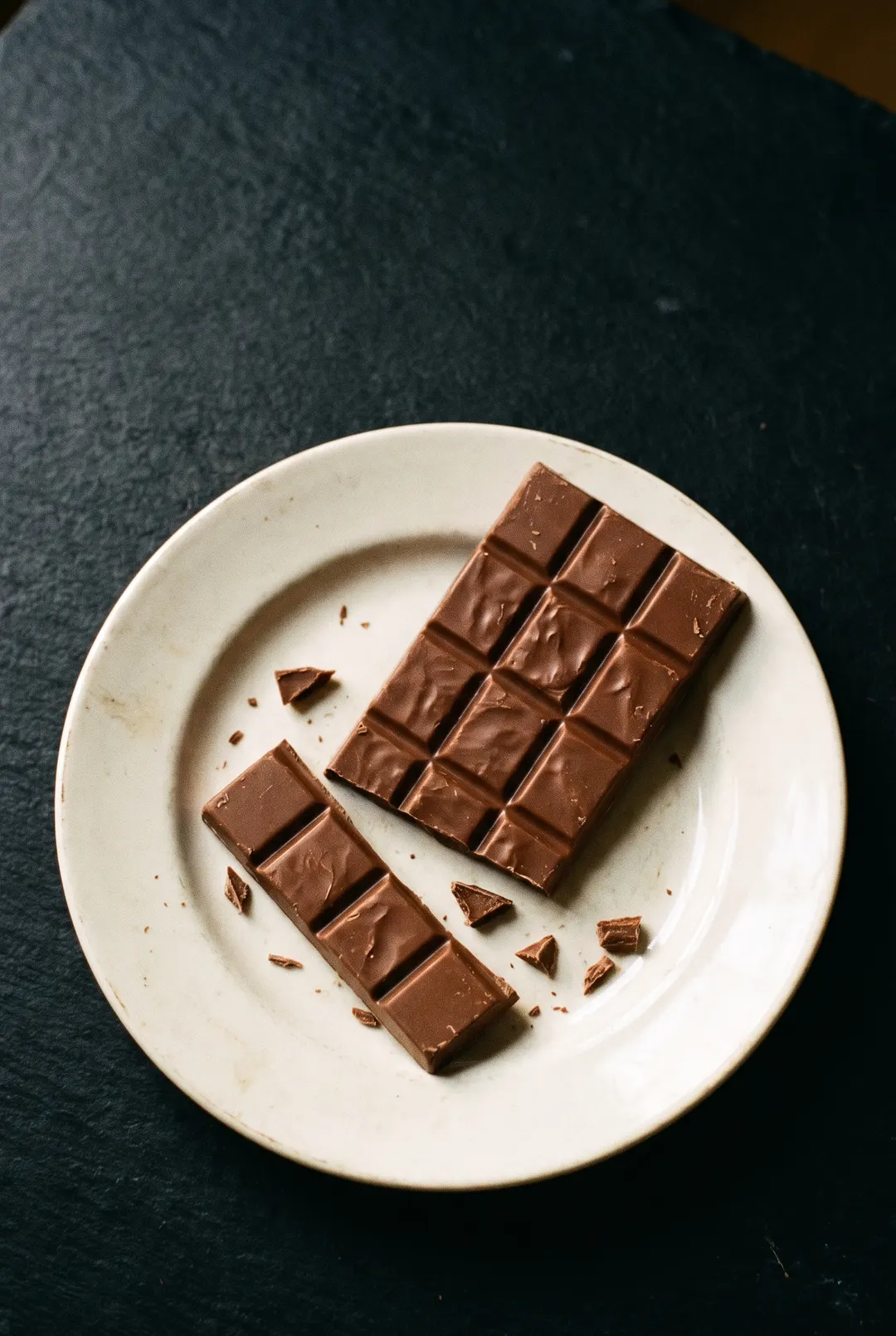A 100 g bar of milk chocolate on a white plate