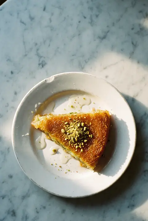 A portion of knafeh with golden shredded pastry over soft cheese and crushed pistachio on a white plate