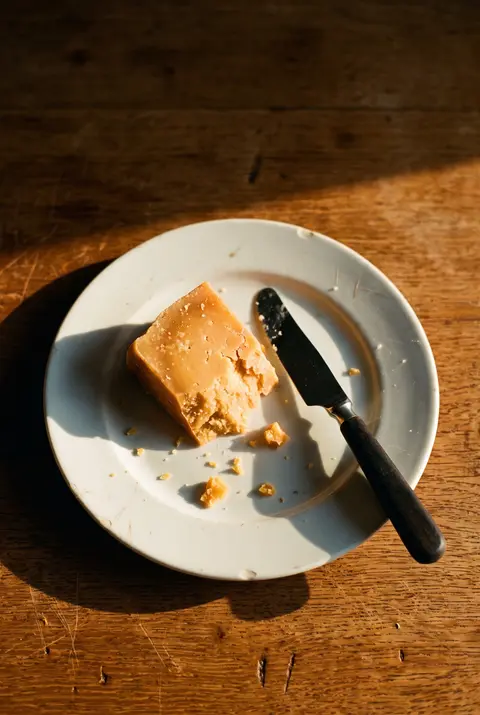 A matchbox sized chunk of aged gouda cheese on a white plate