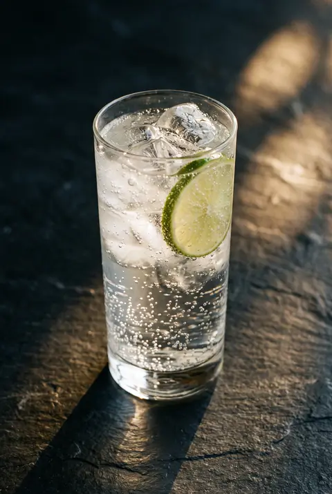 200 ml of clear tonic water with ice in a highball glass