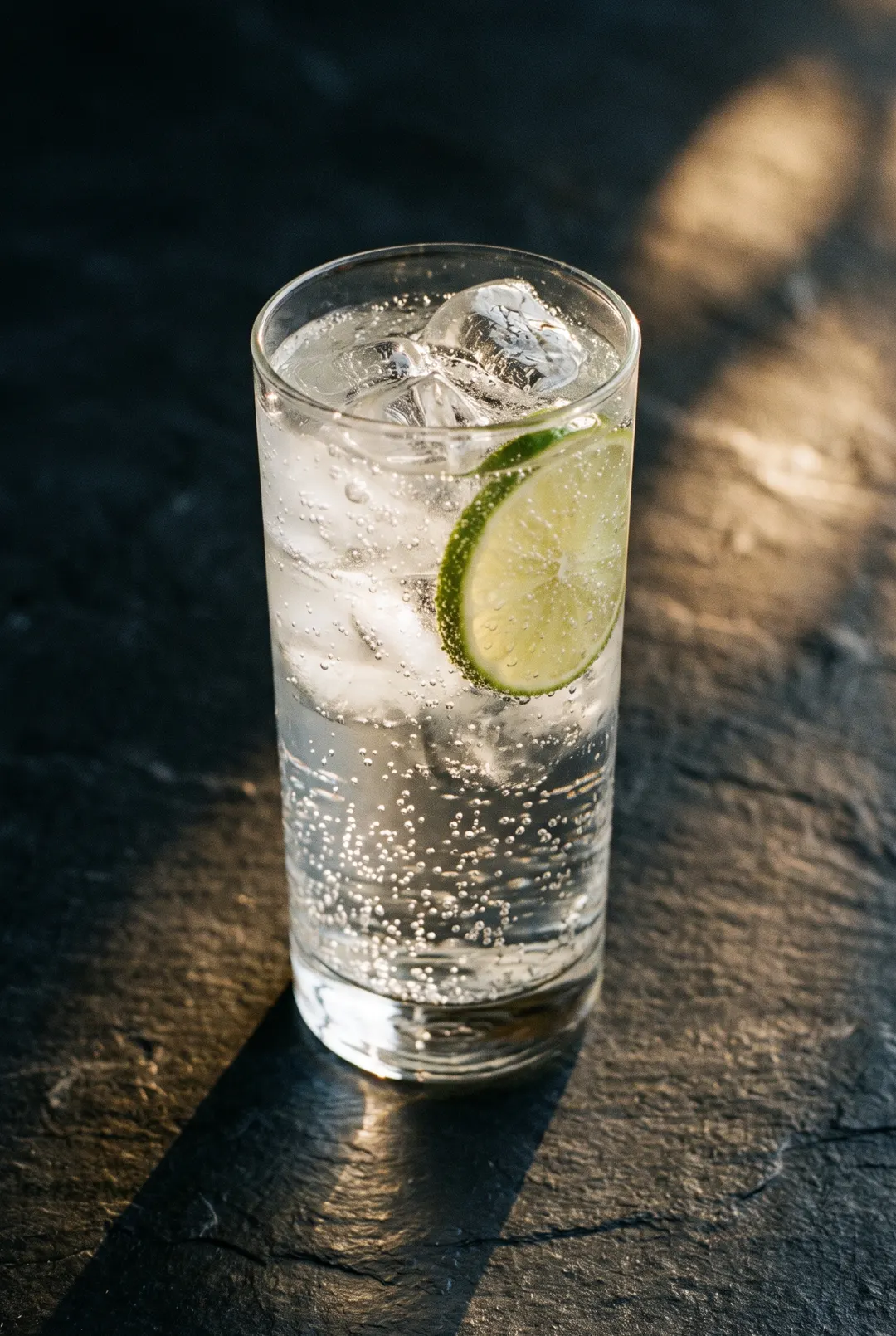 200 ml of clear tonic water with ice in a highball glass