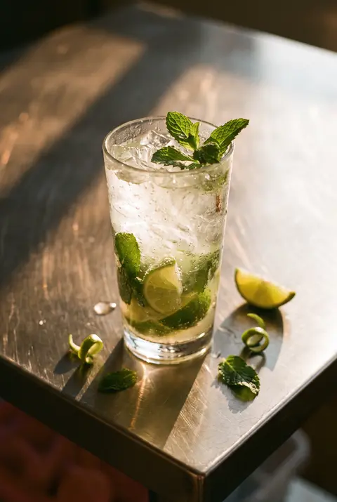A virgin mojito with crushed ice in a highball glass
