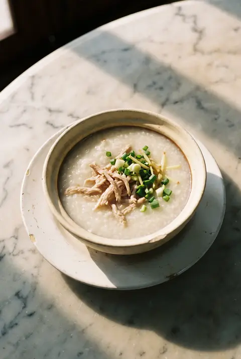 A white porcelain bowl of rice congee with a little shredded pork on a white plate