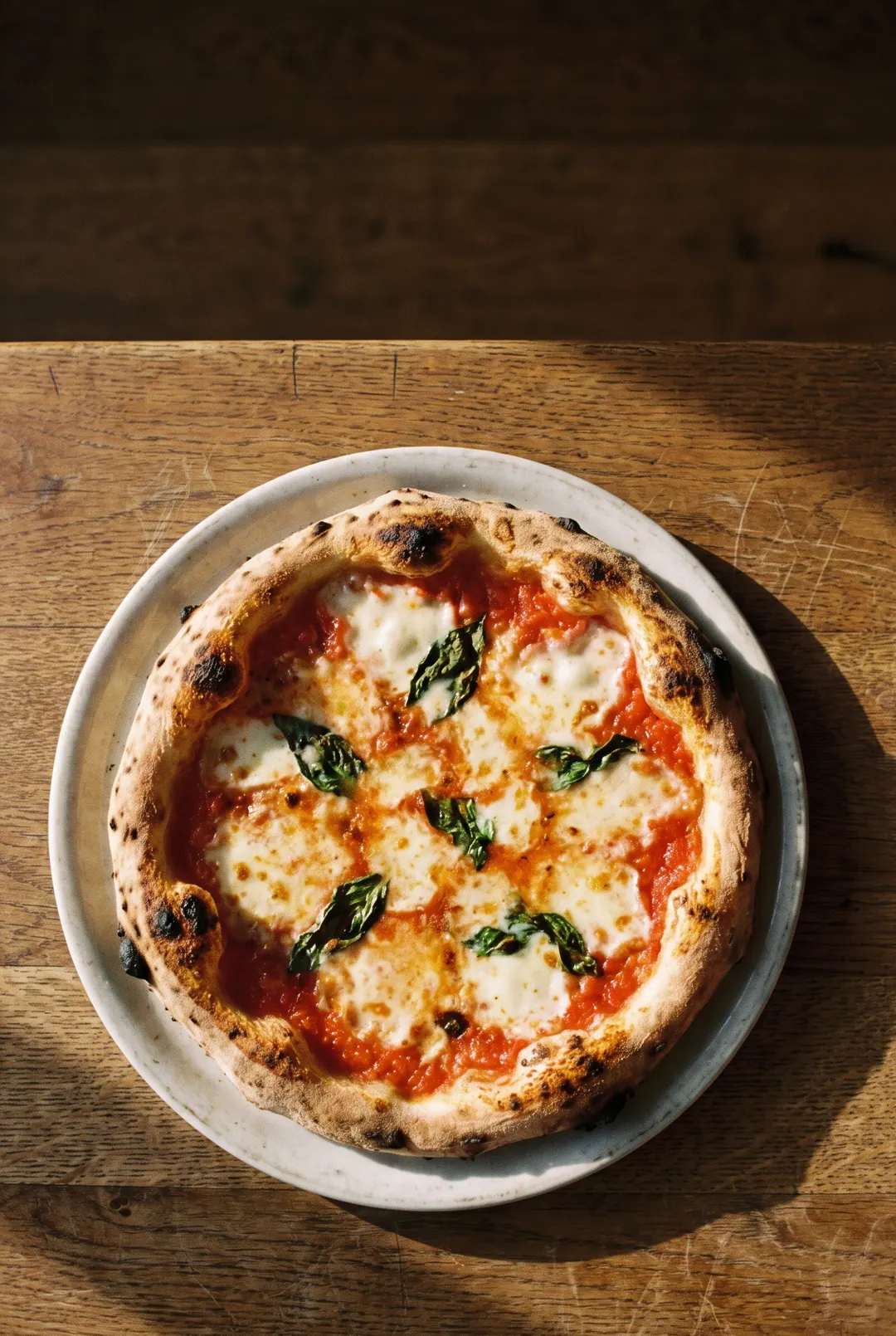 A whole pizza margherita with blistered crust on a white plate
