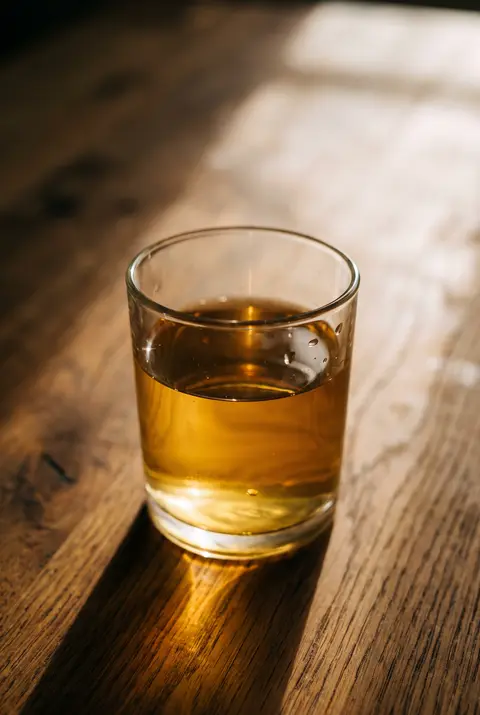 250 ml of clear golden apple juice in a clear tumbler