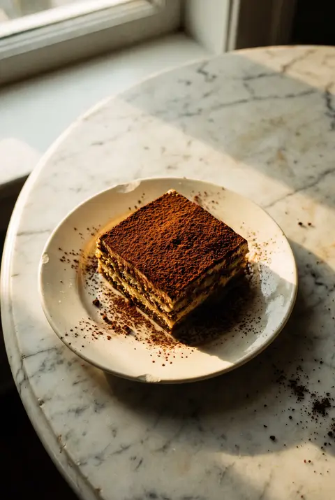 A square restaurant portion of tiramisu dusted with cocoa on a white plate