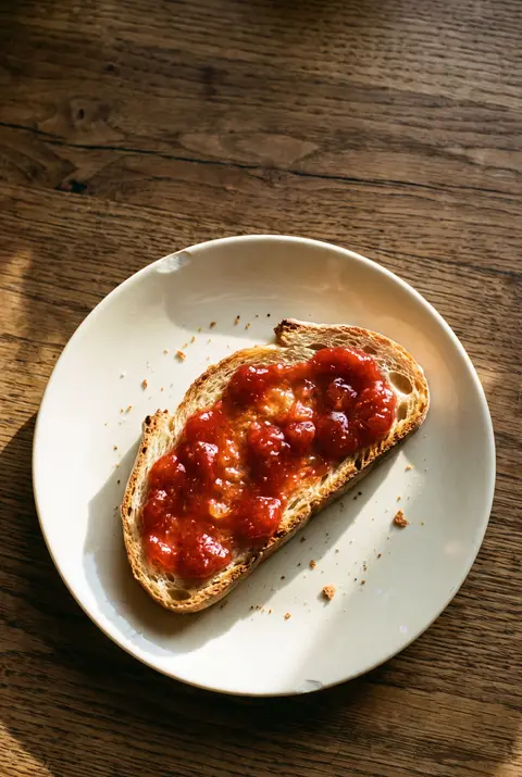 A tablespoon of red strawberry jam spread on a slice of toast on a white plate
