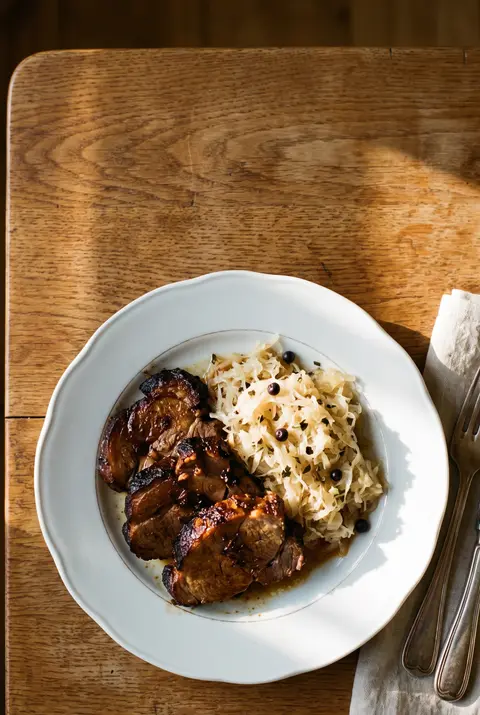 A plate of roast pork with sauerkraut on a white plate