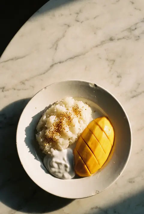 A portion of sticky rice with half a mango sliced beside it and coconut cream on a white plate