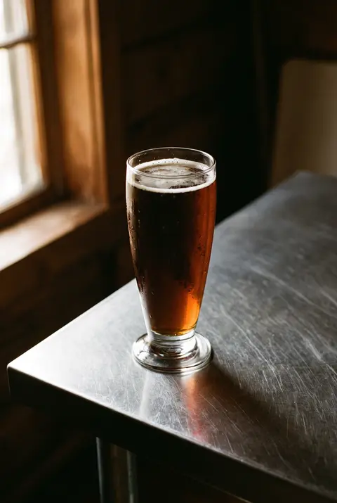 Half a litre of dark herbal cola with a thin foam head in a beer glass
