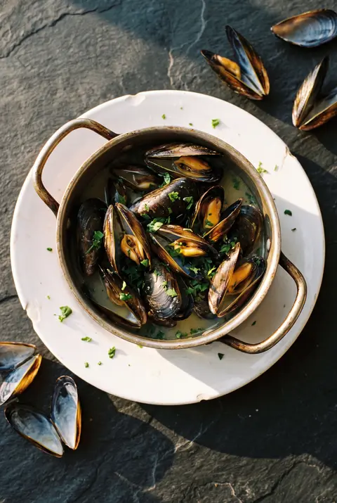 A pot of mussels in white wine with parsley on a white plate