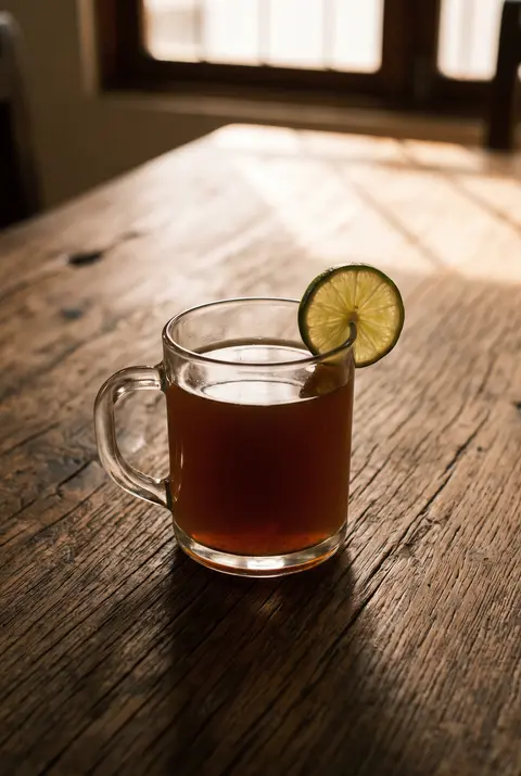 250 ml of warm amber aguapanela with a wedge of lime in a clear glass mug