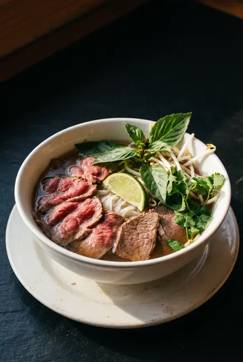 A big white porcelain bowl of beef pho with rice noodles on a white plate