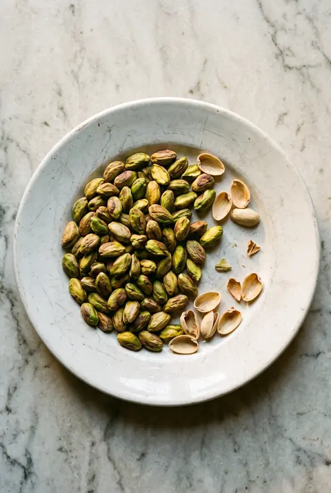 Pistachios, about 100 g, on a white plate