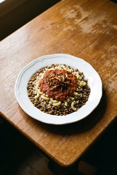 A plate of koshari on a white plate