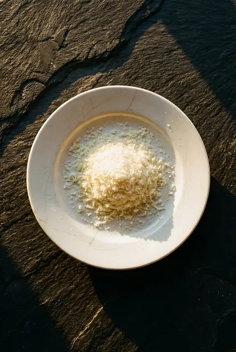 A small mound of finely grated parmesan on a white plate