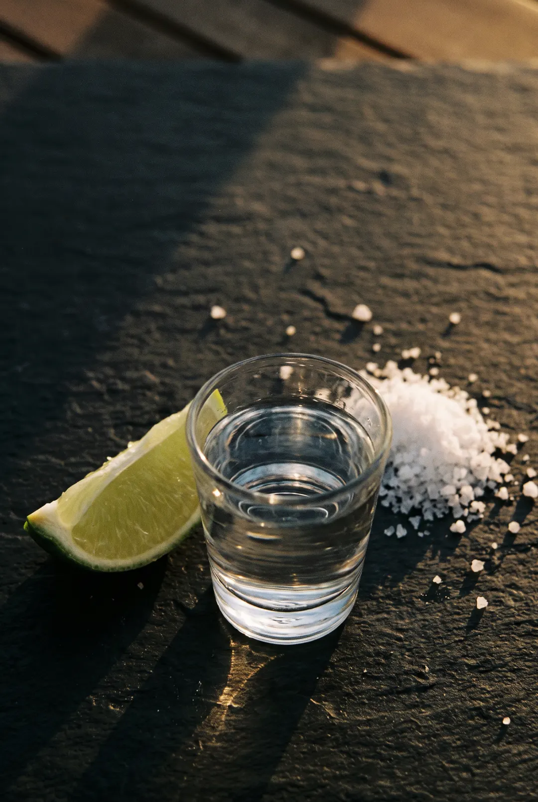 A shot of clear tequila with a wedge of lime and a little salt beside it in a shot glass