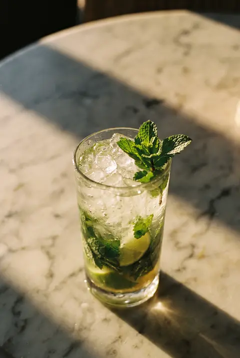 A mojito with crushed ice in a highball glass