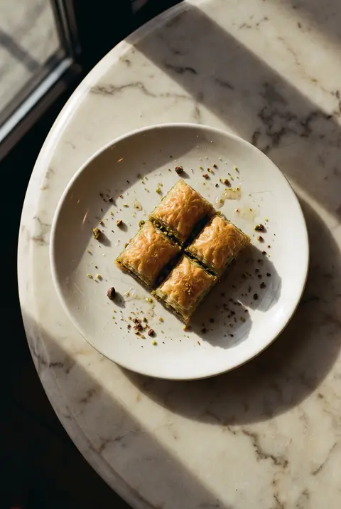 Four small pieces of pistachio baklava on a white plate