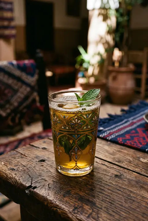 120 ml of golden Moroccan mint tea with fresh mint leaves in a decorated tea glass