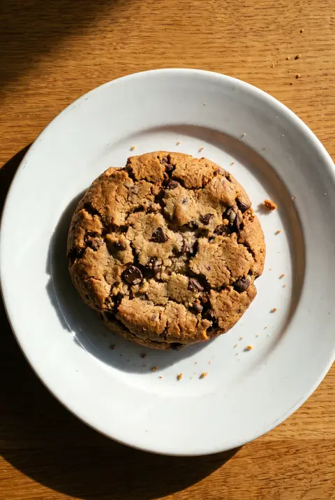 A big bakery chocolate chip cookie on a white plate