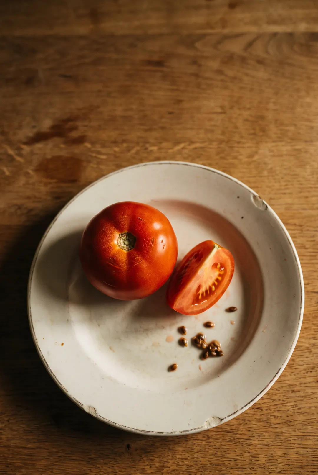 A ripe medium tomato on a white plate