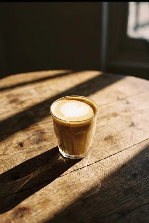 A flat white with a thin layer of silky milk in a clear glass