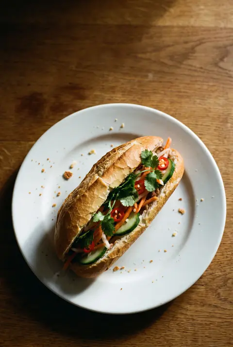 A pork banh mi baguette with pickled carrot on a white plate