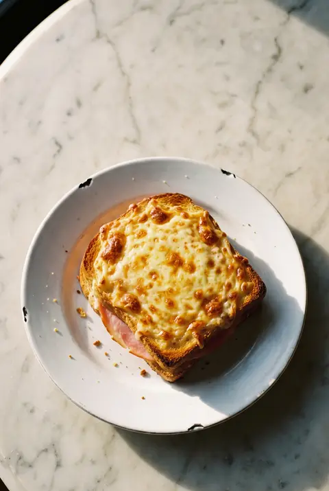 A croque monsieur with ham and a browned on a white plate