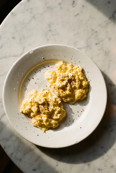 Soft scrambled eggs made from two eggs on a white plate