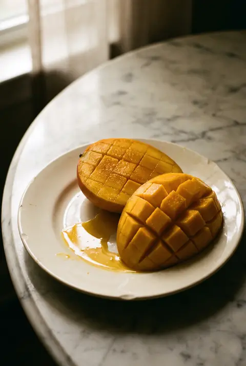 A whole ripe mango on a white plate
