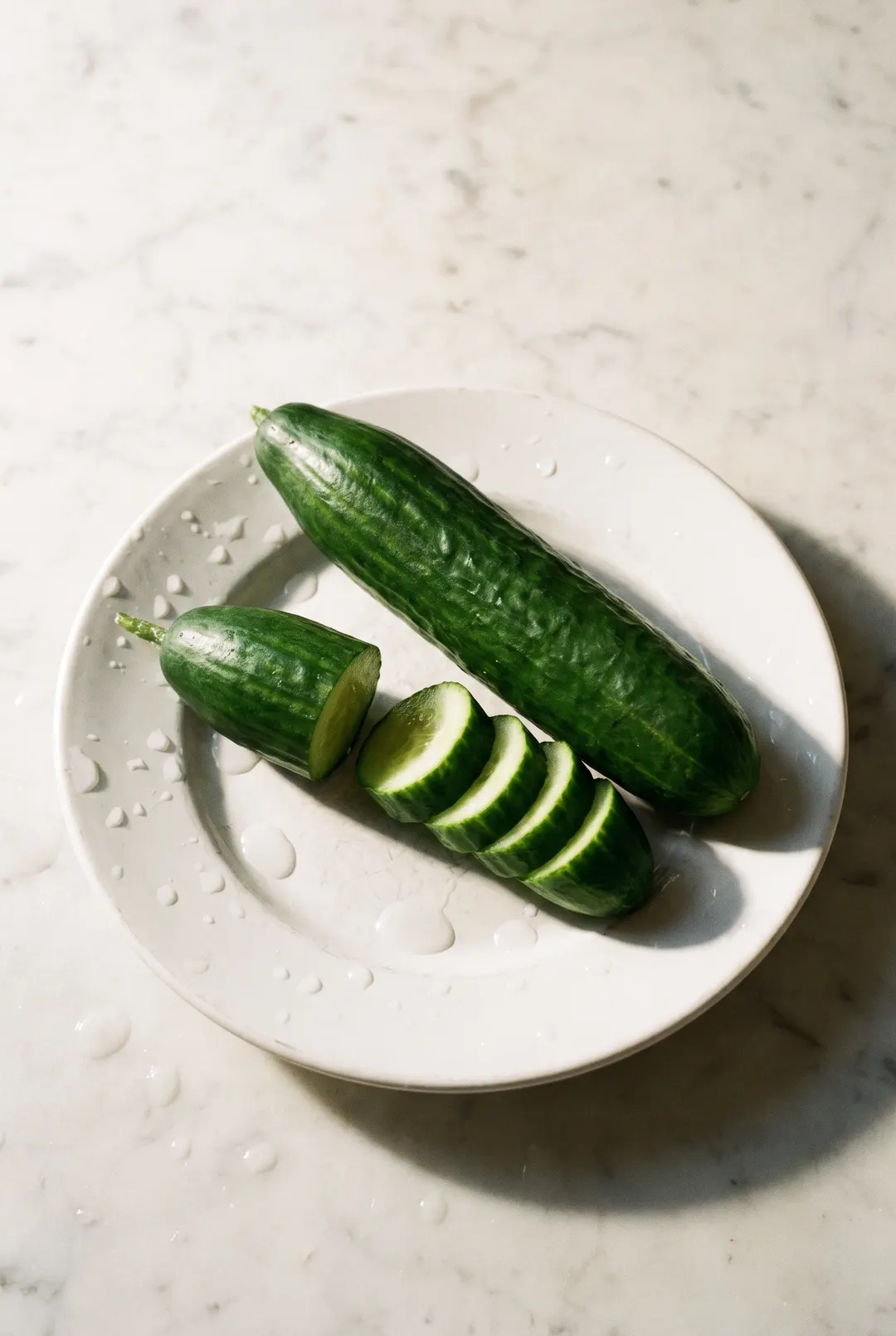 A whole cucumber on a white plate