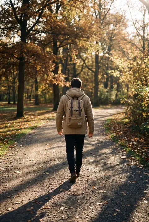 One walker in a light jacket on a gravel path through a quiet park