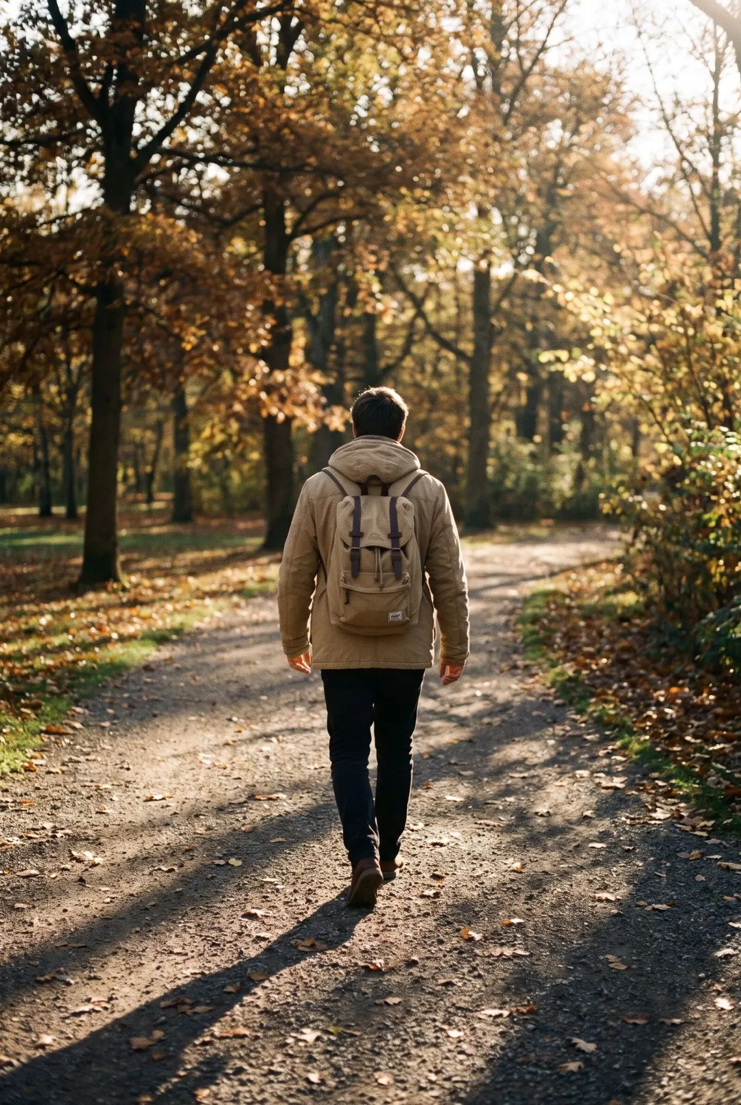 One walker in a light jacket on a gravel path through a quiet park