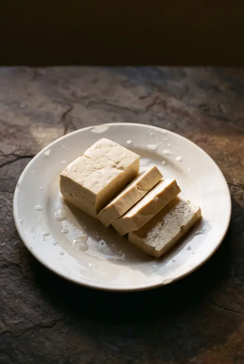 A block of firm tofu on a white plate