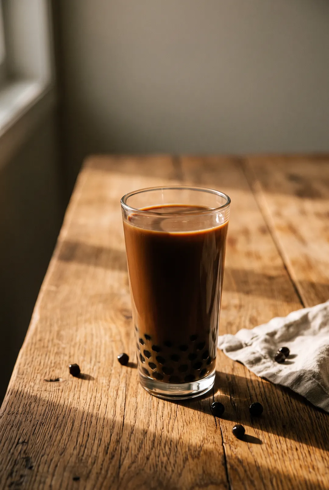 Milk tea with dark tapioca pearls at the bottom in a clear glass