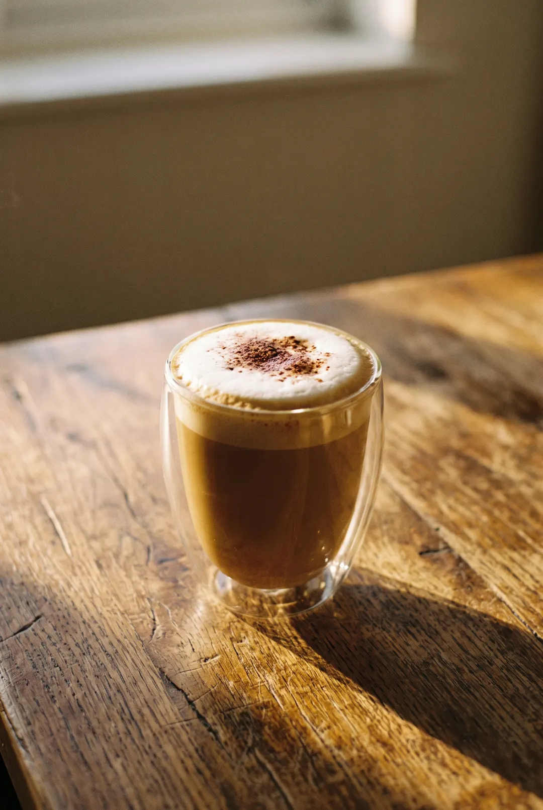 A latte with soft milk foam on top in a clear glass