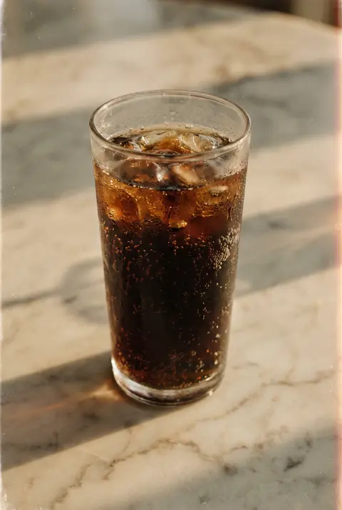 330 ml of diet cola with ice and fine bubbles in a clear glass