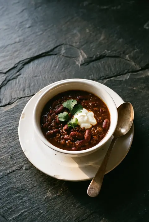A white porcelain bowl of chilli con carne with kidney beans on a white plate