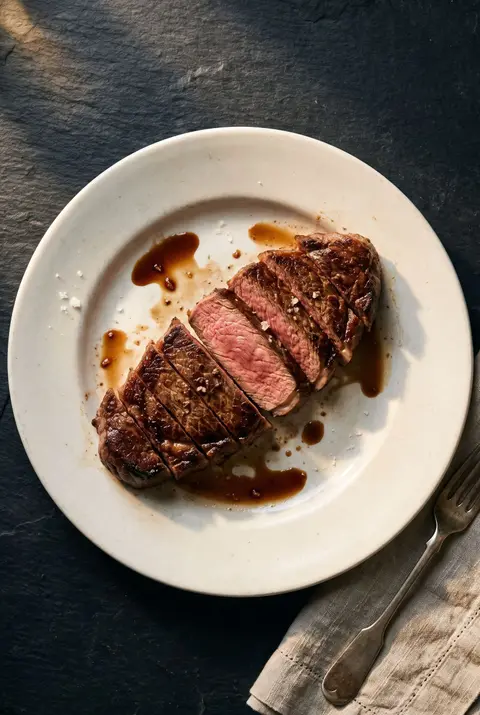 A cooked sirloin steak on a white plate
